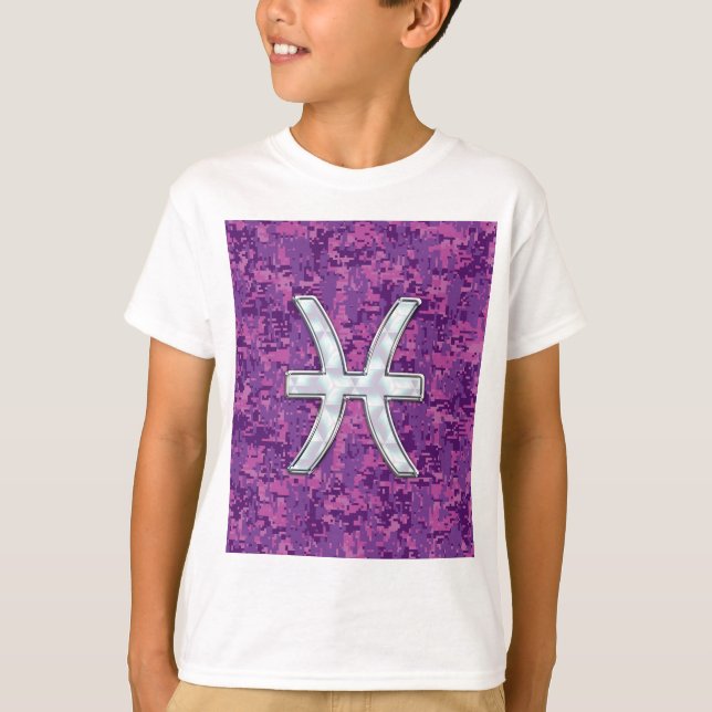 Pisces Zodiac Symbol on Fuchsia Pink Digital Camo T-Shirt (Front)