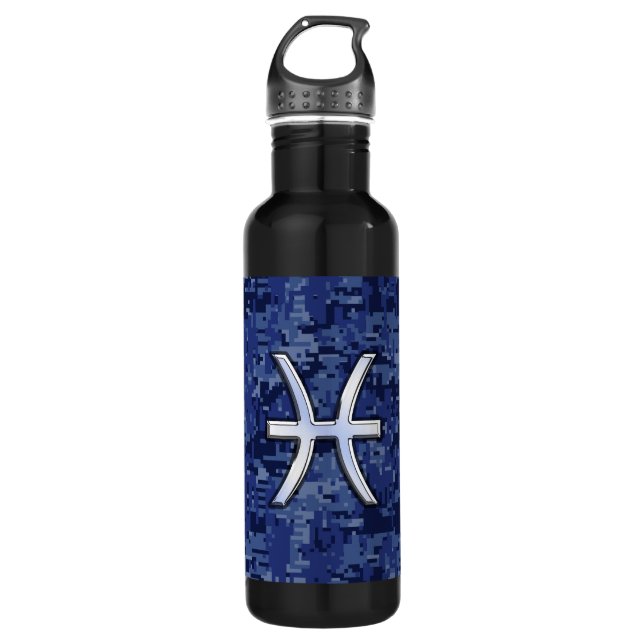 Pisces Zodiac Symbol on Navy Blue Digital Camo 710 Ml Water Bottle (Front)