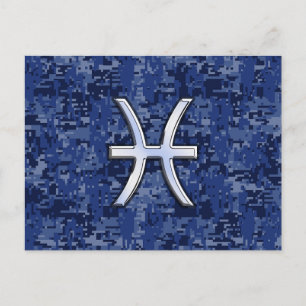 Pisces Zodiac Symbol on Navy Blue Digital Camo Postcard