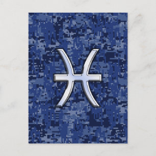 Pisces Zodiac Symbol on Navy Blue Digital Camo Postcard