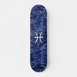 Pisces Zodiac Symbol on Navy Blue Digital Camo Skateboard