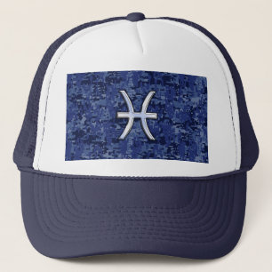 Pisces Zodiac Symbol on Navy Blue Digital Camo Trucker Hat