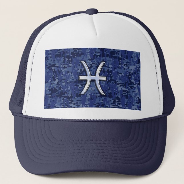 Pisces Zodiac Symbol on Navy Blue Digital Camo Trucker Hat (Front)