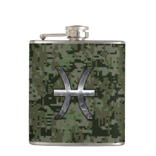 Pisces Zodiac Symbol Woodland Digital Camouflage Hip Flask