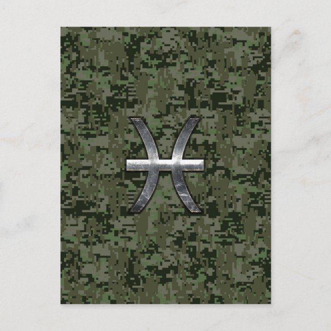 Pisces Zodiac Symbol Woodland Digital Camouflage Postcard (Front)