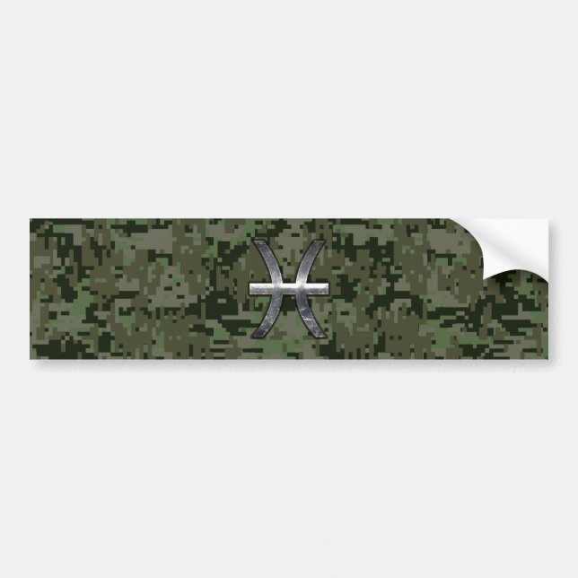 Pisces Zodiac Symbol Woodland Green Digital Camo Bumper Sticker (Front)