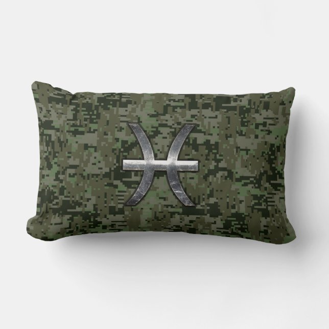 Pisces Zodiac Symbol Woodland Green Digital Camo Lumbar Cushion (Front)