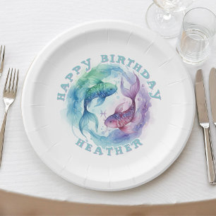 Pisces Zodiac Watercolor Fish Astrology Birthday Paper Plate