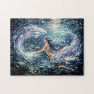 Pisces Zodiac with Woman Surrounded by Two Glowing Jigsaw Puzzle