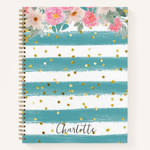 Pistachio and White Stripes Pink Floral & Glitter Notebook