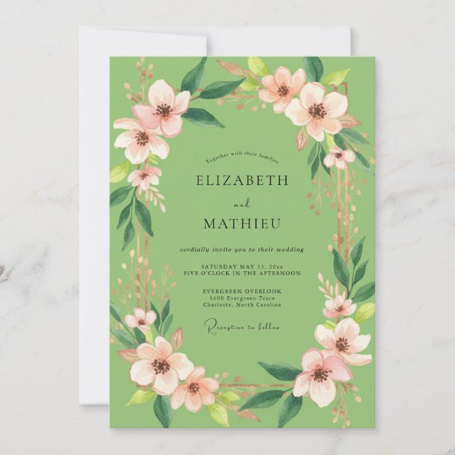 Pistachio Blush Blossom Wedding Invitation (Front)