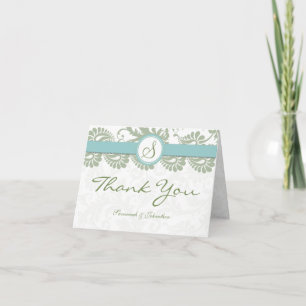 Pistachio Clover Aqua Damask Thank You Card
