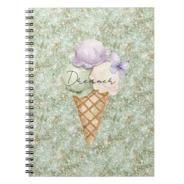 Pistachio Glitter Ice Cream Lavender Butterfly Notebook (Front)