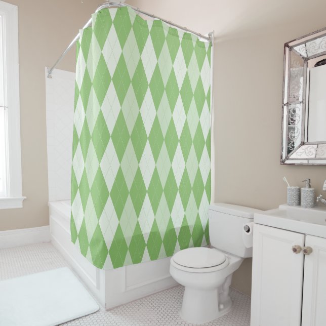 Pistachio Green Argyle Pale Green Small Diamond Shower Curtain (In Situ)