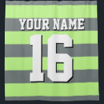 Pistachio Green Charcoal Sports Jersey Stripe Shower Curtain<br><div class="desc">Preppy Striped Team Jersey / Sports Jersey / Football Jersey / Rugby Jersey with Custom Name Customise this with your own name or team name and a number. You can change the size, colour and placement of the text if you need to make changes, change the colour of or remove...</div>