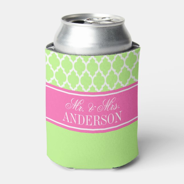 Pistachio Green White Moroccan #4 Hot Pink Wedding Can Cooler (Can Front)