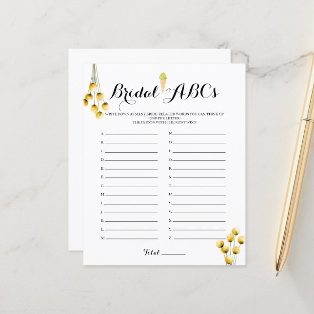 Pistachio Ice Cream Bridal Shower Bridal ABCs Game (Front/Back In Situ)