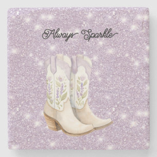 Pistachio Lavender Cowgirl Boots Sparkle Glitter Stone Coaster