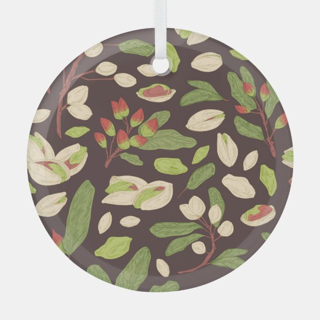 Pistachio Nuts: Black Hand-Drawn Seamless. Glass Tree Decoration (Front)