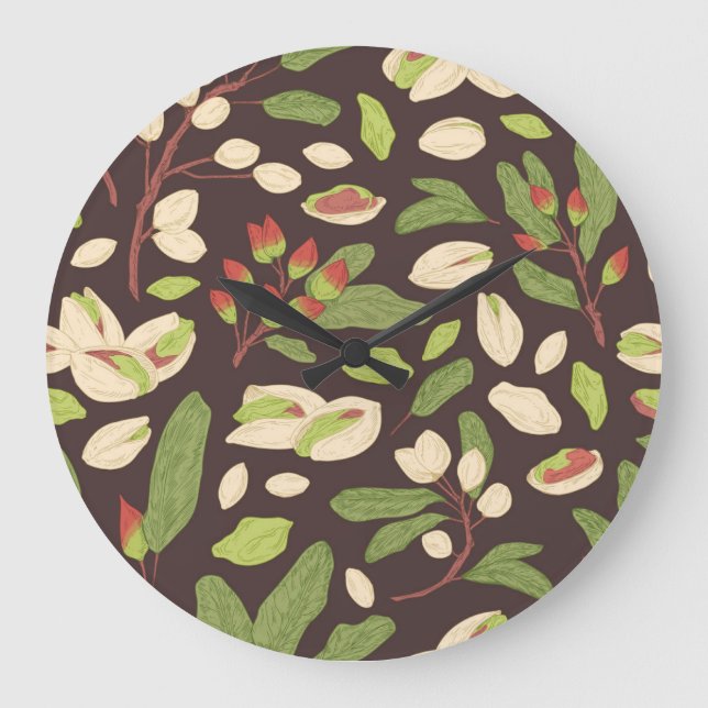 Pistachio Nuts: Black Hand-Drawn Seamless. Large Clock (Front)
