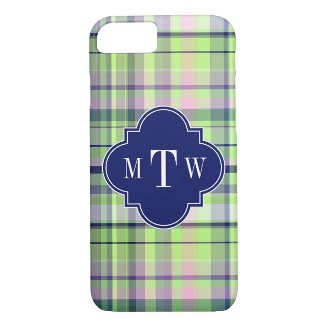 Pistachio Pink Navy Wht Preppy Madras Monogram Case-Mate iPhone Case (Back)