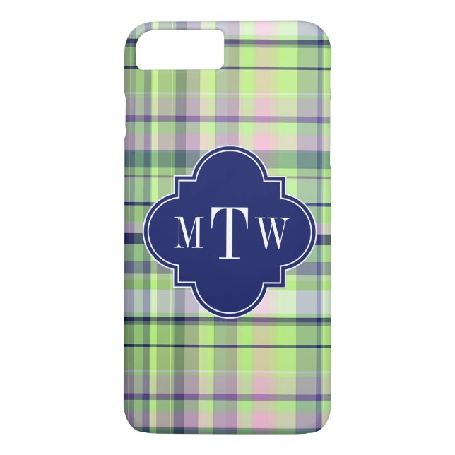 Pistachio Pink Navy Wht Preppy Madras Monogram Case-Mate iPhone Case (Back)