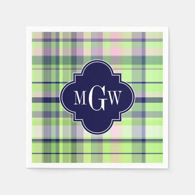 Pistachio Pink Navy Wht Preppy Madras Monogram Napkin (Front)