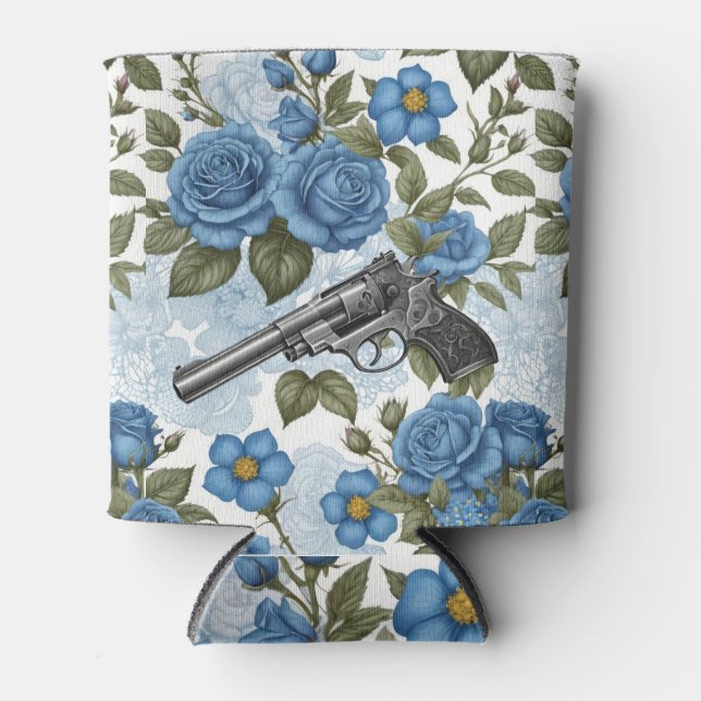 Pistols Vintage Floral in Blue Can Cooler (Front)