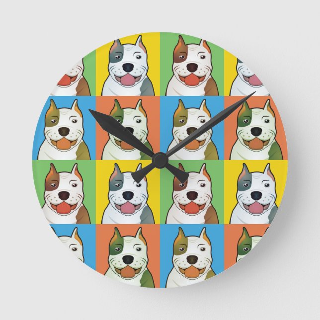 Pit Bull Cartoon Pop-Art Round Clock (Front)