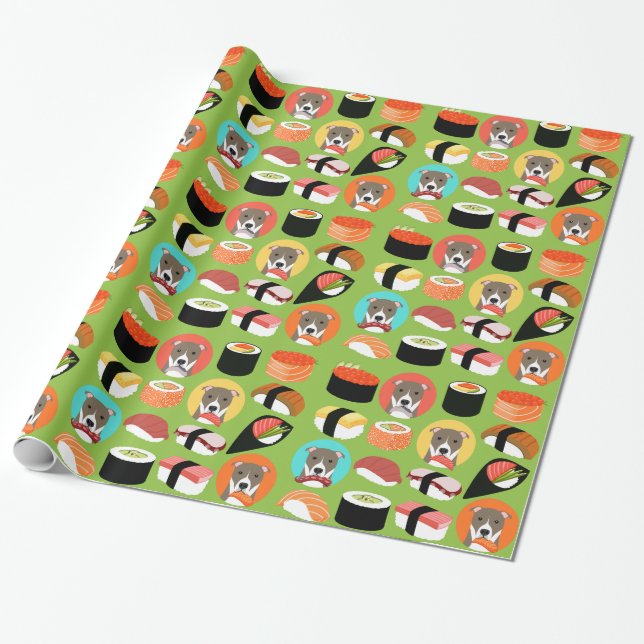 Pit Bull Dog and Sushi Wrapping Paper (Unrolled)