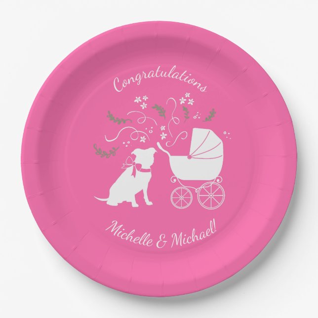 Pit Bull Dog Baby Shower Pink Girl Pitbull Paper Plate (Front)