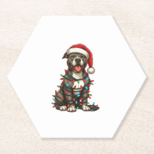 Pit bull Dog Christmas Lights Santa Hat Xmas Snow Paper Coaster