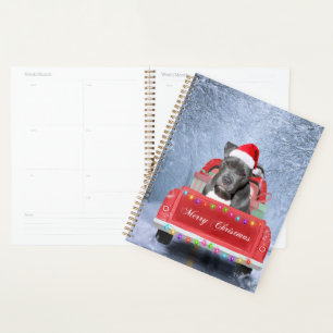 Pit Bull Dog in Snow sitting in Christmas Truck Planner
