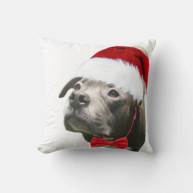 Pit bull dog Santa Hat Christmas pet throw pillow (Front)