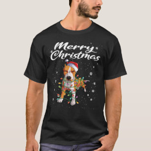 Pit Bull Dog Santa Hat Christmas Tree Lights T-Shirt