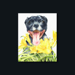 Pit Bull Dog Watercolor Painting, Fine Art Canvas Print<br><div class="desc">This is a watercolor painting of a black pit bull dog with a huge smile on her face standing behind Stella d’ Oro Daylily. Elegant painting for dog lovers.</div>