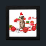 Pit Bull Dog with Gift box and Christmas Ornaments<br><div class="desc">A cute Pit Bull dog wearing Santa hat and sitting between gift boxes and Christmas Ornaments.</div>