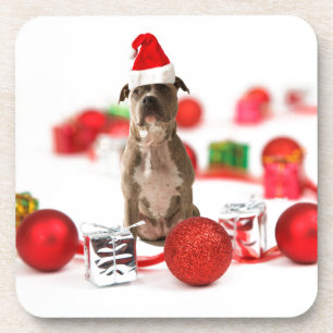Pit Bull Dog with Gift box and Christmas Ornaments Coaster