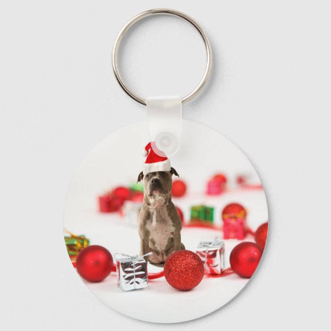 Pit Bull Dog with Gift box and Christmas Ornaments Key Ring (Front)