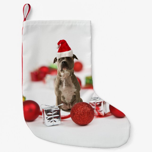 Pit Bull Dog with Gift box and Christmas Ornaments Small Christmas Stocking (Front)
