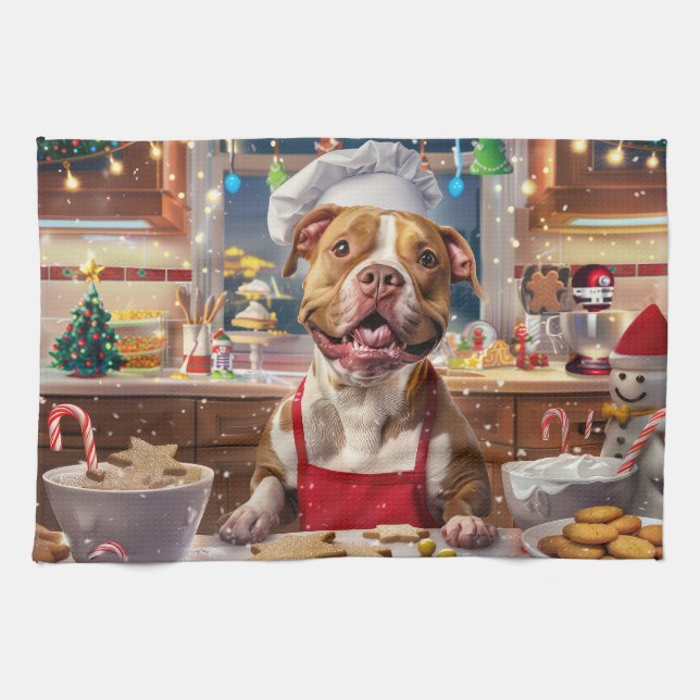 Pit Bull Holiday Baking: Festive Christmas  Tea Towel (Horizontal)
