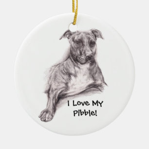 Pit Bull Portrait in Charcoal Ceramic Tree Decoration