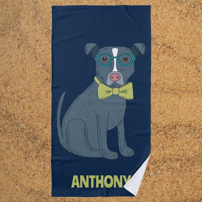 Pit Bull Puppy Dog Wearing Glasses Personalised Beach Towel (Creator Uploaded)