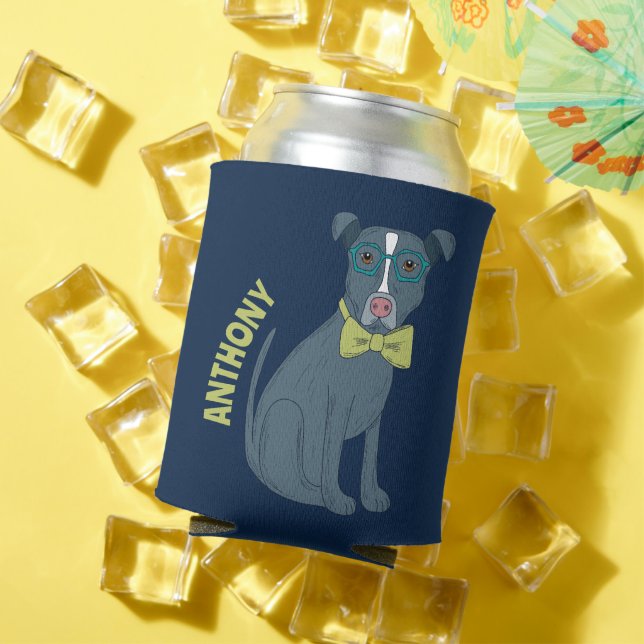 Pit Bull Puppy Dog Wearing Glasses Personalised Can Cooler (In Situ Summer)