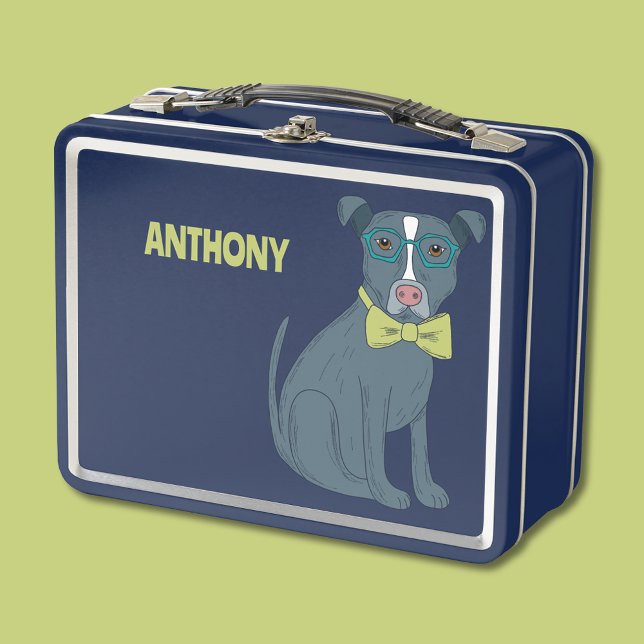 Pit Bull Puppy Dog Wearing Glasses Personalised Metal Lunch Box (Creator Uploaded)