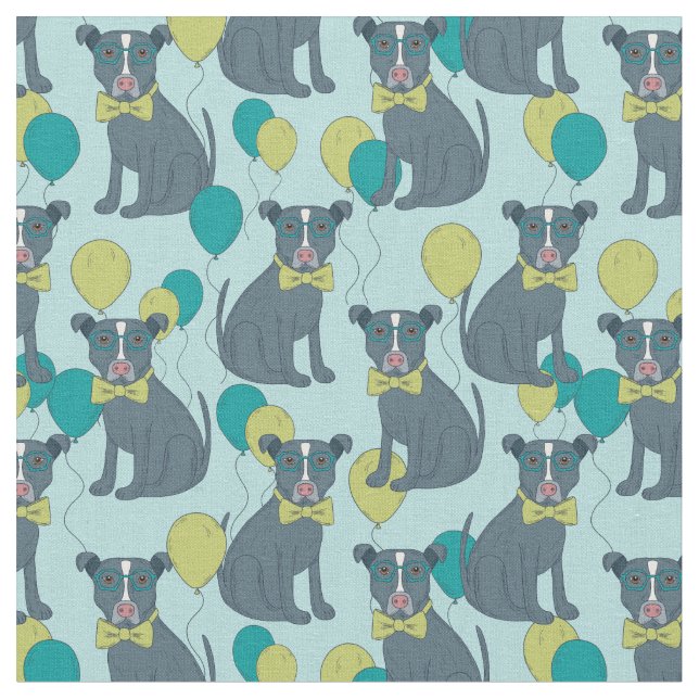 Pit Bull Puppy Dog Wearing Glasses with Balloons Fabric (Close Up)