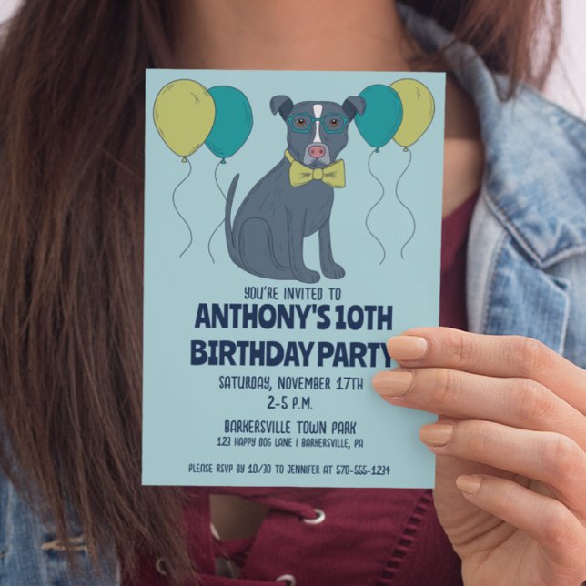Pit Bull Puppy Dog Wearing Glasses with Balloons Invitation (Creator Uploaded)