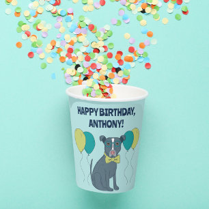 Pit Bull Puppy Dog Wearing Glasses with Balloons Paper Cups