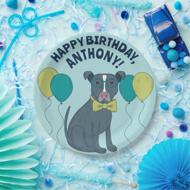 Pit Bull Puppy Dog Wearing Glasses with Balloons Paper Plate (Party)