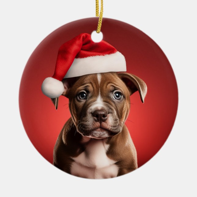 Pit Bull Puppy in Santa Hat Ceramic Tree Decoration (Front)